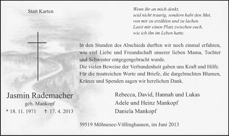  Traueranzeige für Jasmin Rademacher vom 04.06.2013 aus MZV