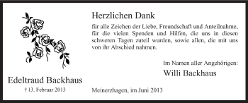 Traueranzeige von Edeltraud Backhaus von MZV