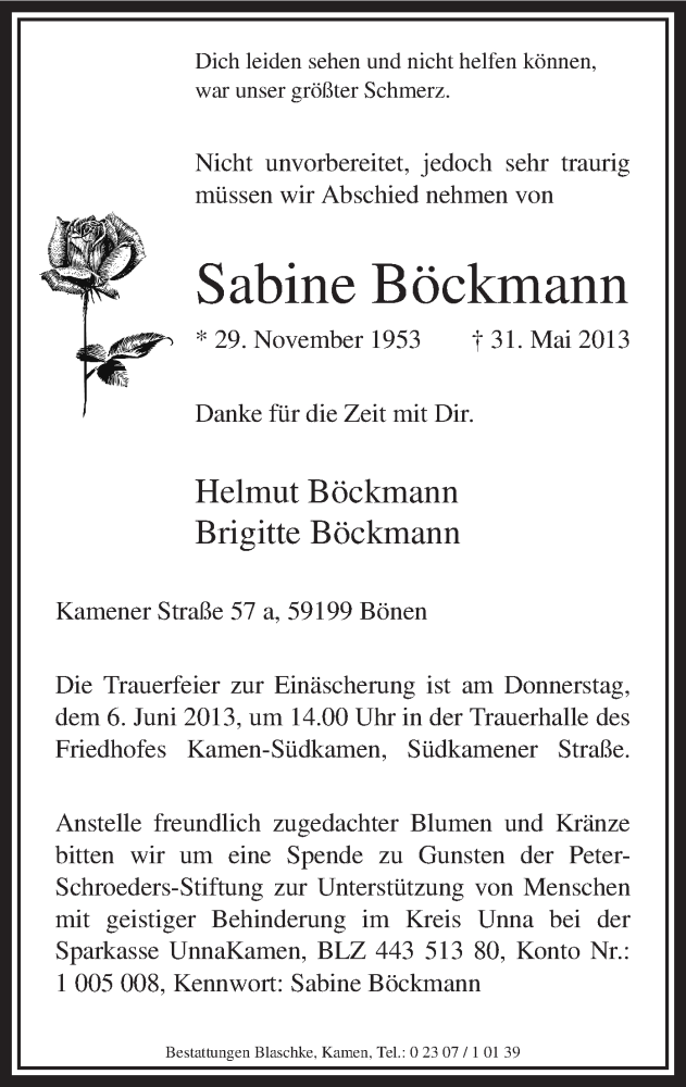  Traueranzeige für Sabine Böckmann vom 04.06.2013 aus MZV