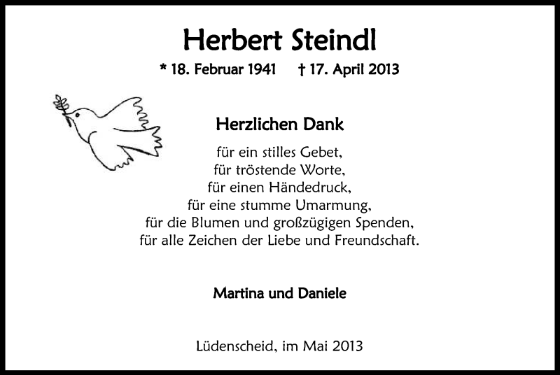  Traueranzeige für Herbert Steindl vom 08.06.2013 aus MZV