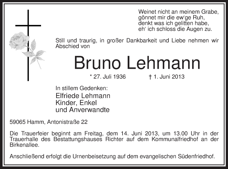  Traueranzeige für Bruno Lehmann vom 08.06.2013 aus MZV