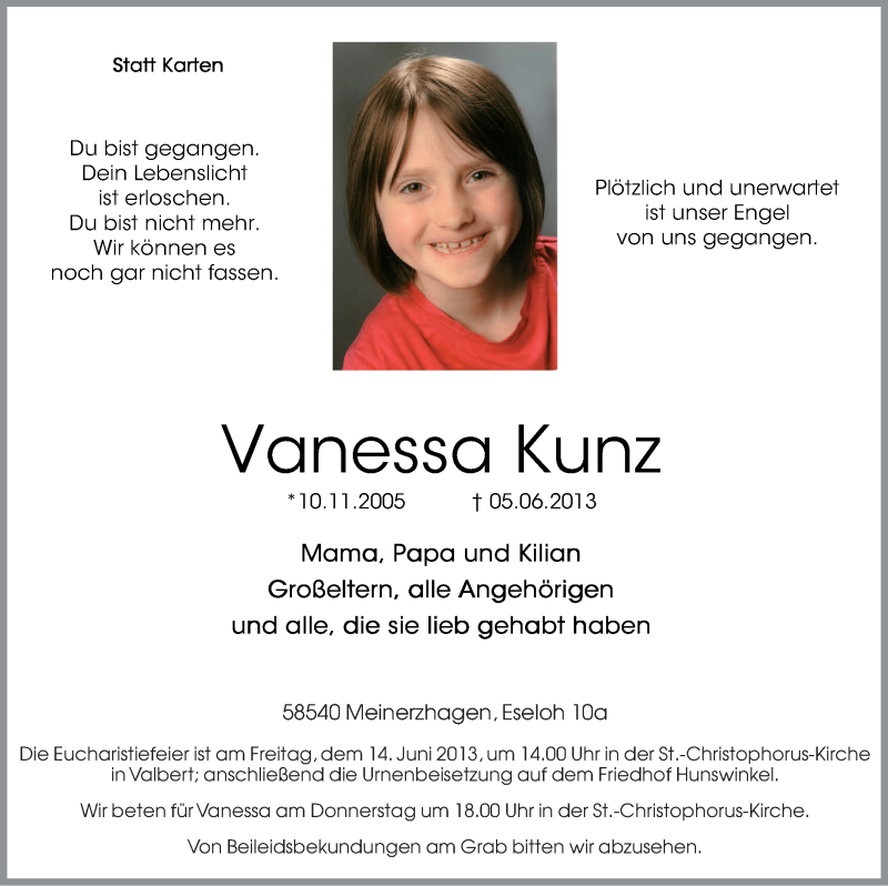 Traueranzeige für Vanessa Kunz vom 08.06.2013 aus MZV