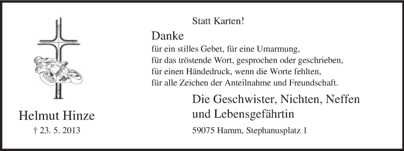  Traueranzeige für Helmut Hinze vom 15.06.2013 aus MZV