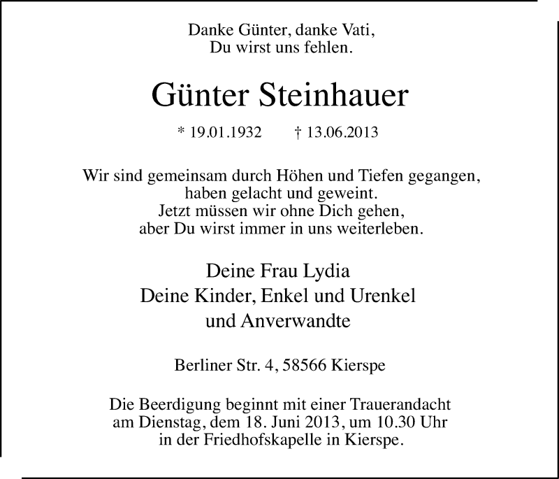  Traueranzeige für Günter Steinhauer vom 15.06.2013 aus MZV