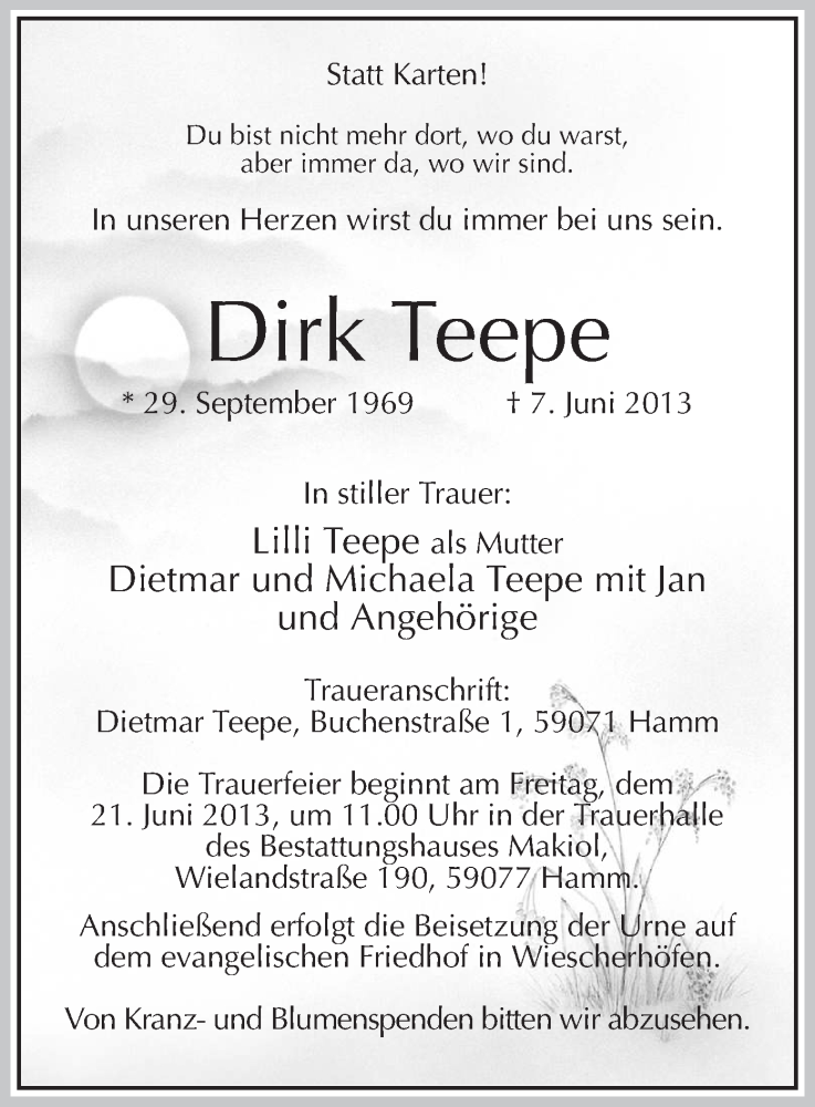  Traueranzeige für Dirk Teepe vom 15.06.2013 aus MZV