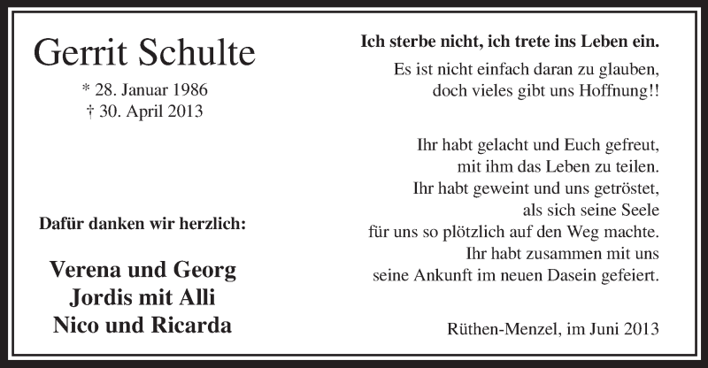  Traueranzeige für Gerrit Schulte vom 18.06.2013 aus MZV