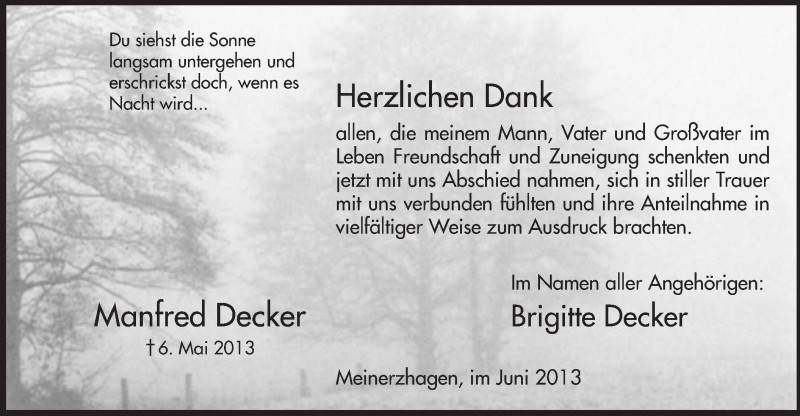  Traueranzeige für Manfred Decker vom 22.06.2013 aus MZV
