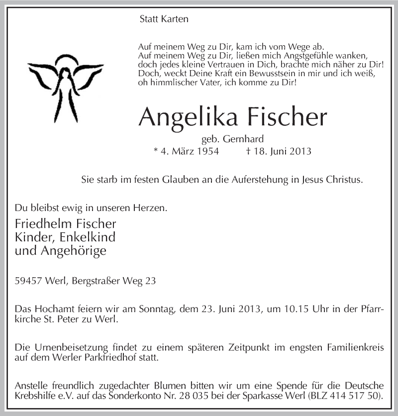  Traueranzeige für Angelika Fischer vom 20.06.2013 aus MZV