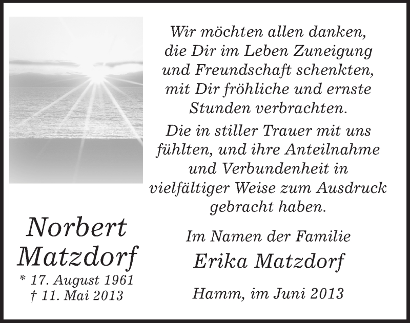  Traueranzeige für Norbert Matzdorf vom 29.06.2013 aus MZV