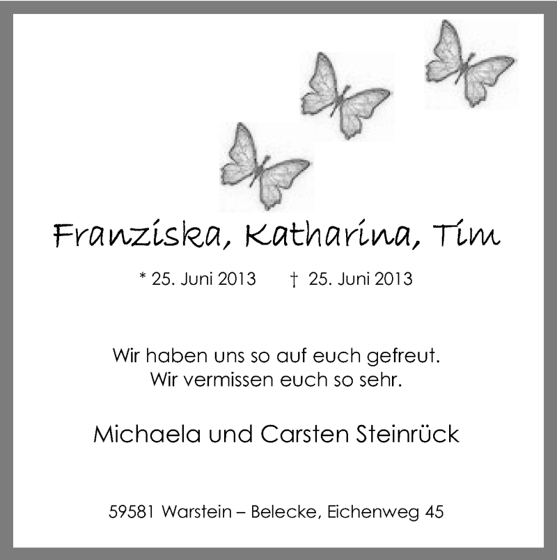  Traueranzeige für Katharina, Franziska und Tim Steinrück vom 29.06.2013 aus MZV