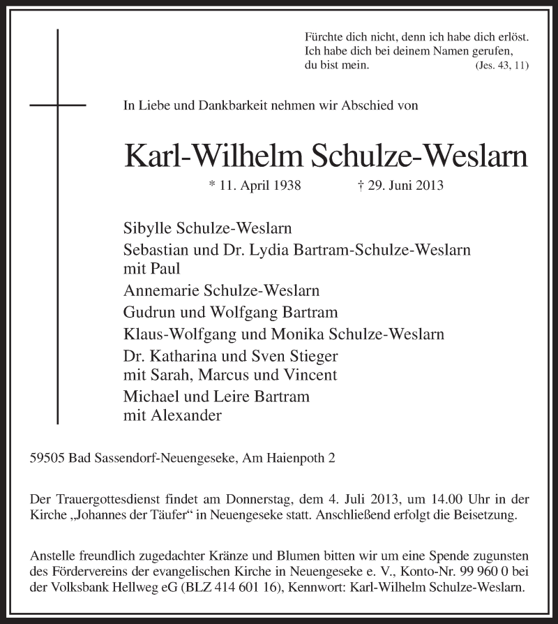  Traueranzeige für Karl-Wilhelm Schulze-Weslarn vom 01.07.2013 aus MZV