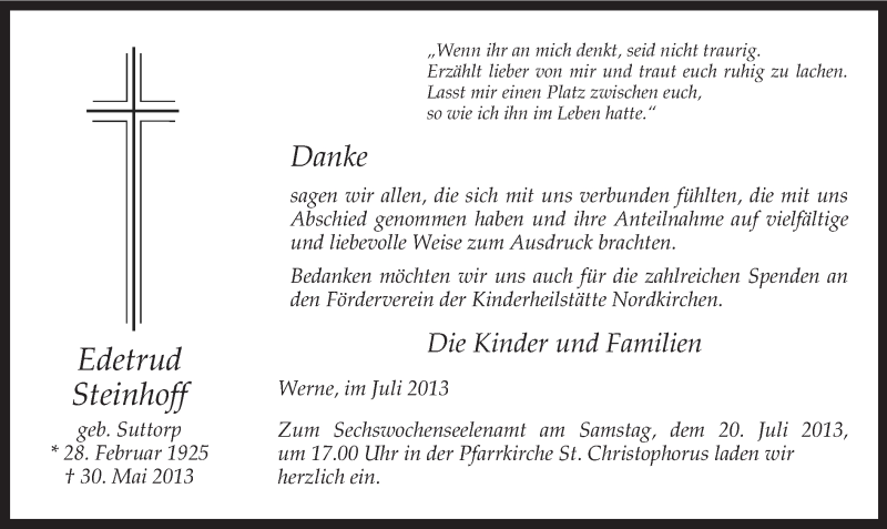  Traueranzeige für Edeltrud Steinhoff vom 06.07.2013 aus MZV