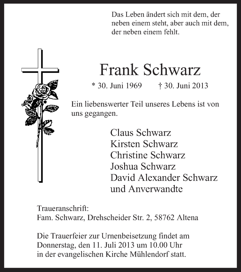  Traueranzeige für Frank Schwarz vom 04.07.2013 aus MZV