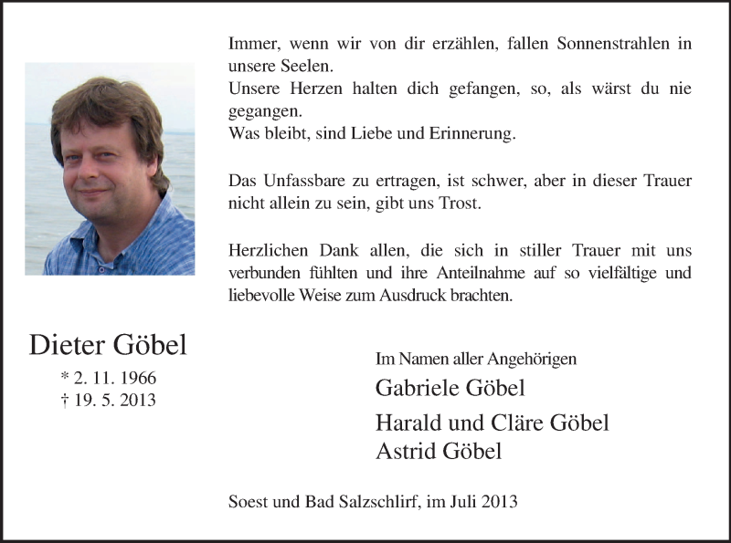  Traueranzeige für Dieter Göbel vom 06.07.2013 aus MZV