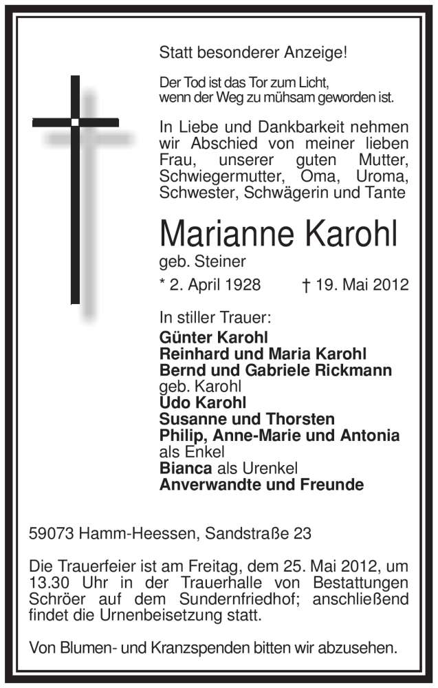  Traueranzeige für Marianne Karohl vom 22.05.2012 aus WESTFÄLISCHER ANZEIGER