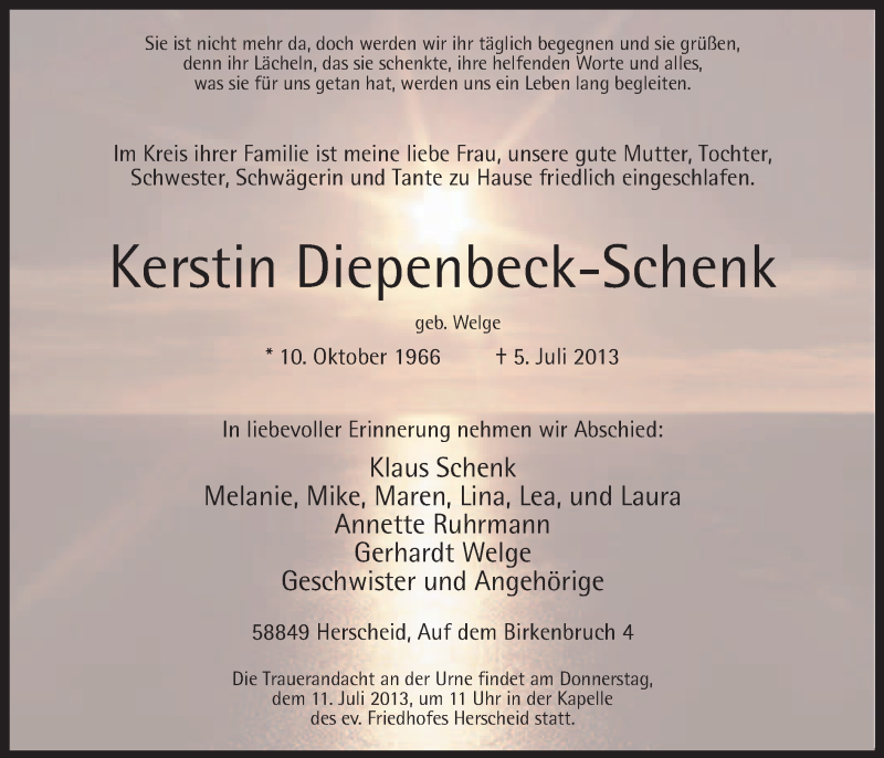  Traueranzeige für Kerstin Diepenbeck-Schenk vom 08.07.2013 aus MZV