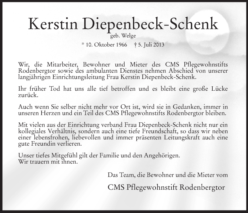  Traueranzeige für Kerstin Diepenbeck-Schenk vom 09.07.2013 aus MZV