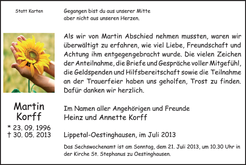  Traueranzeige für Martin Korff vom 13.07.2013 aus MZV