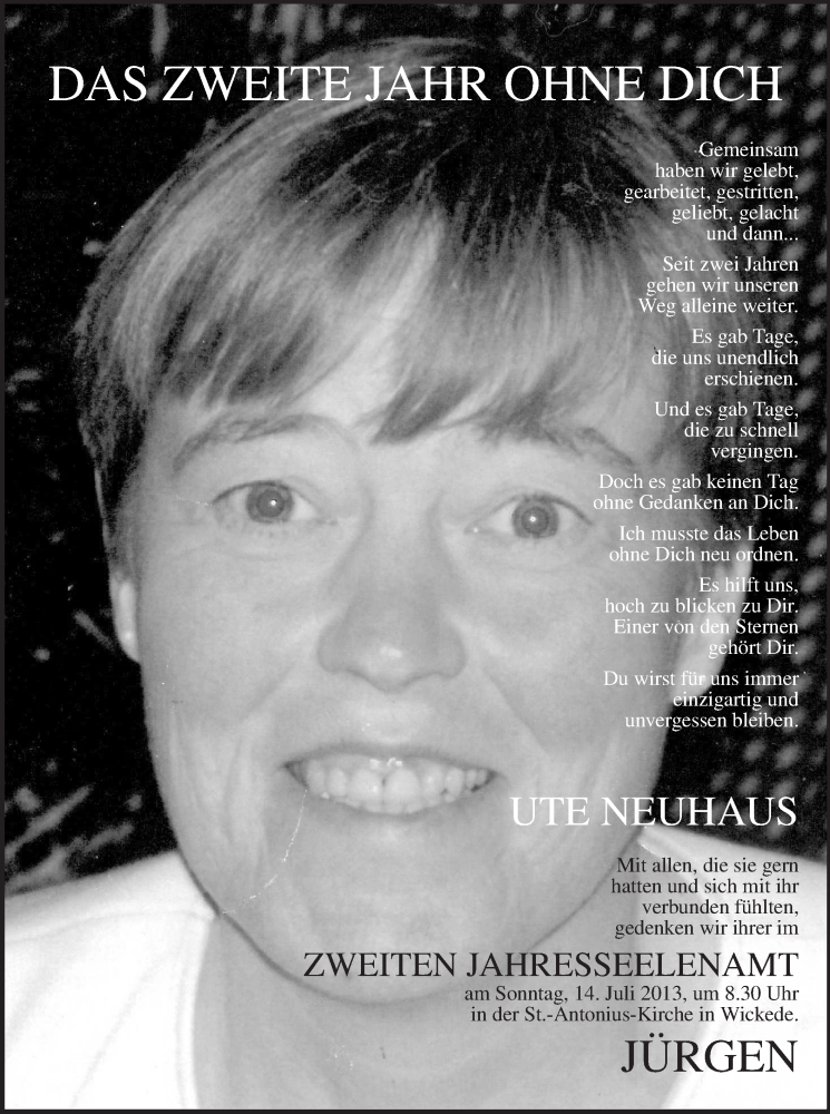  Traueranzeige für Ute Neuhaus vom 12.07.2013 aus MZV