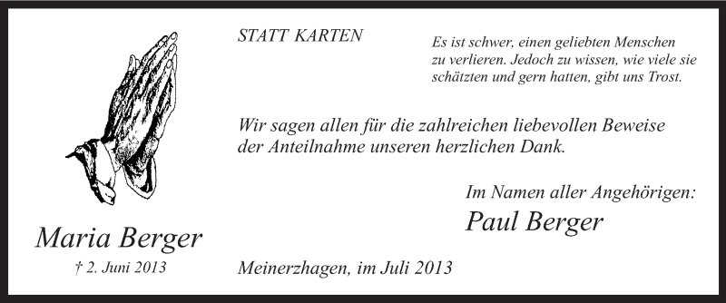  Traueranzeige für Maria Berger vom 13.07.2013 aus MZV