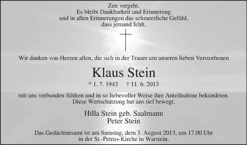  Traueranzeige für Klaus Stein vom 27.07.2013 aus MZV