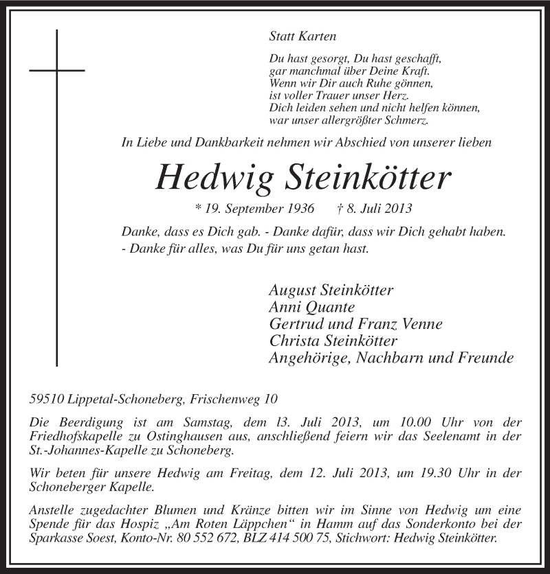  Traueranzeige für Hedwig Steinkötter vom 10.07.2013 aus MZV