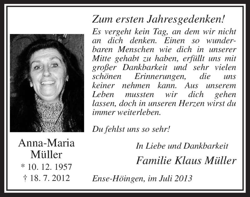  Traueranzeige für Anna-Maria Müller vom 18.07.2013 aus MZV