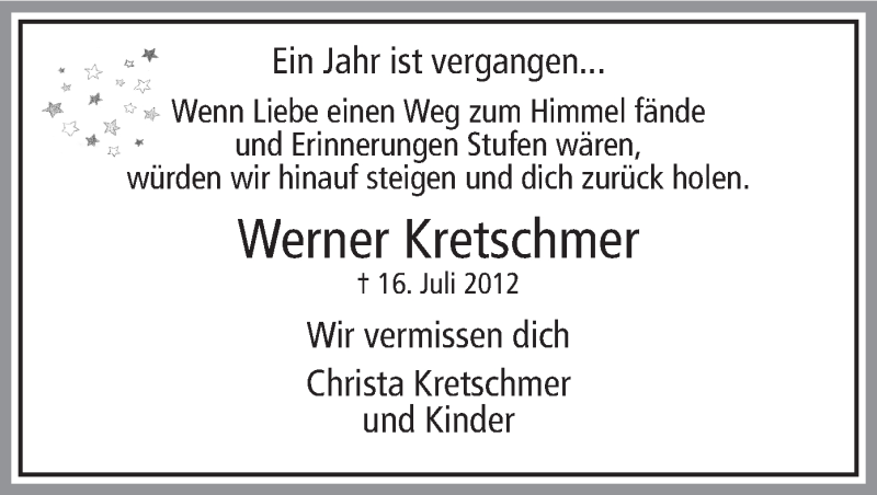  Traueranzeige für Werner Kretschmer vom 16.07.2013 aus MZV