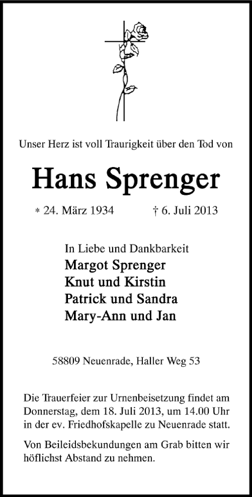  Traueranzeige für Hans Sprenger vom 16.07.2013 aus MZV