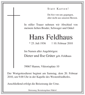 Traueranzeige von Hans Feldhaus von WESTFÄLISCHER ANZEIGER
