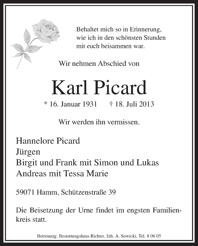  Traueranzeige für Karl Picard vom 22.07.2013 aus MZV