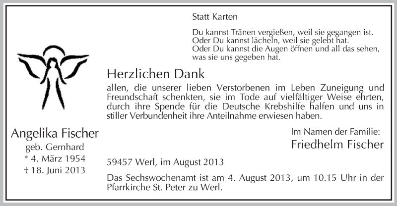  Traueranzeige für Angelika Fischer vom 29.07.2013 aus MZV