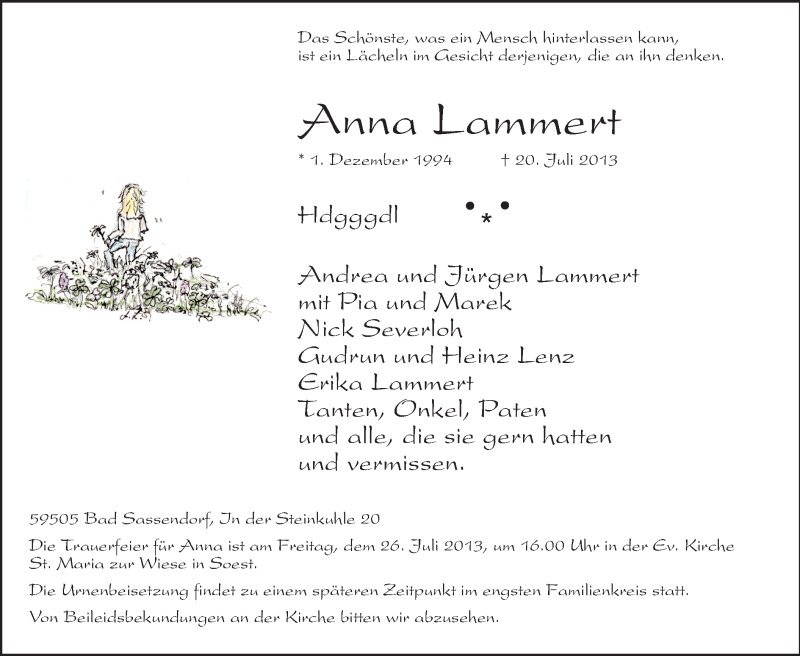  Traueranzeige für Anna Lammert vom 24.07.2013 aus MZV