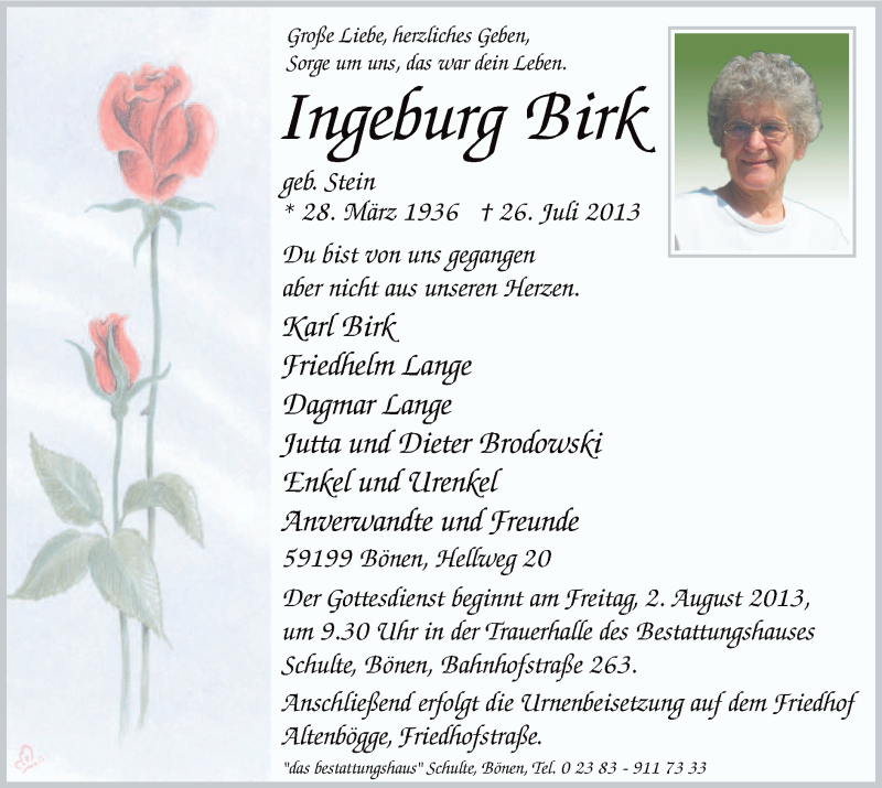  Traueranzeige für Ingeburg Birk vom 29.07.2013 aus MZV