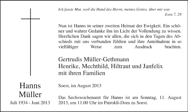  Traueranzeige für Hanns Müller vom 01.08.2013 aus MZV