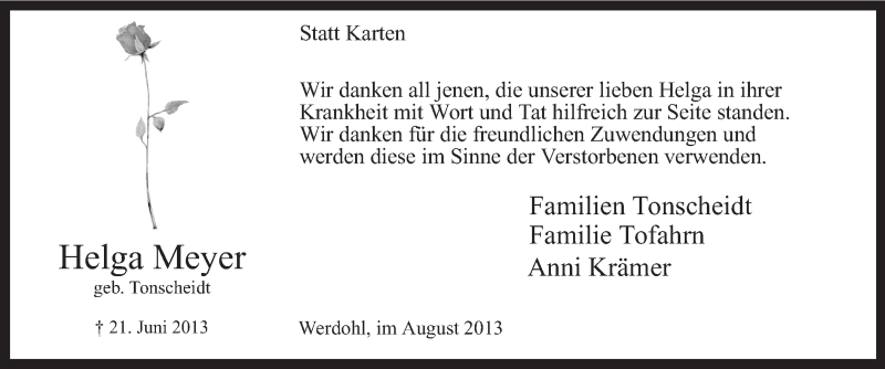  Traueranzeige für Helga Meyer vom 03.08.2013 aus MZV