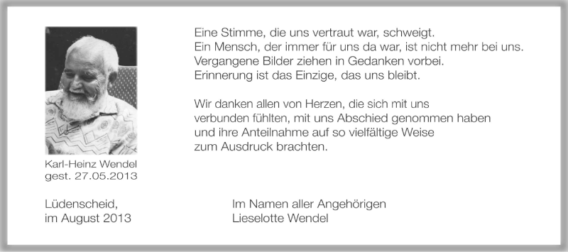  Traueranzeige für Karl-Heinz Wendel vom 03.08.2013 aus MZV