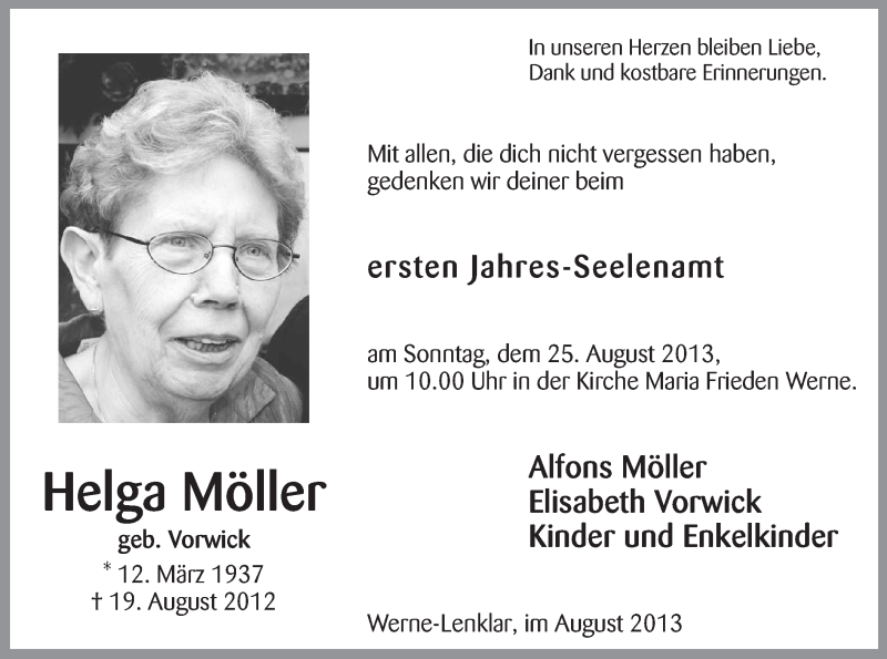  Traueranzeige für Helga Möller vom 19.08.2013 aus MZV