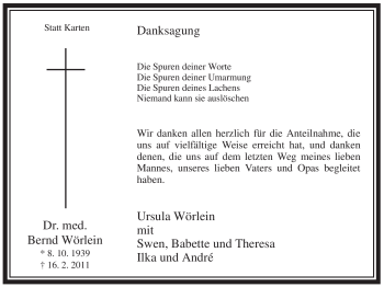 Traueranzeige von Bernd Wörlein von WESTFÄLISCHER ANZEIGER