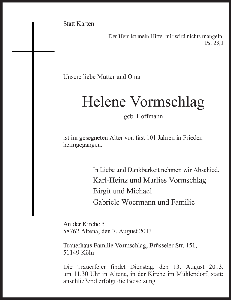  Traueranzeige für Helene Vormschlag vom 09.08.2013 aus MZV