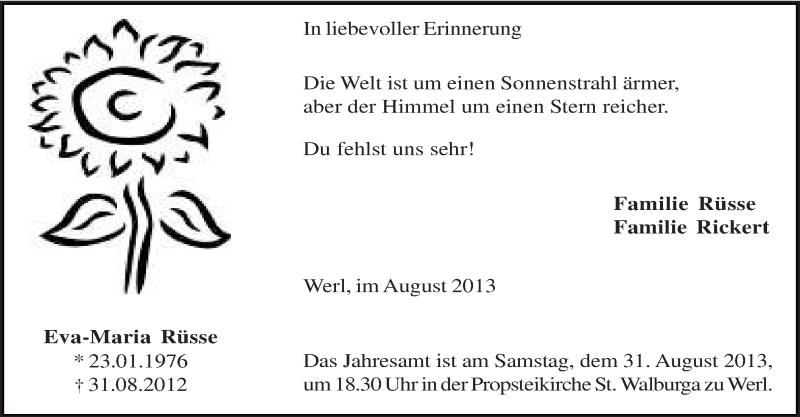  Traueranzeige für Eva-Maria Rüsse vom 27.08.2013 aus MZV