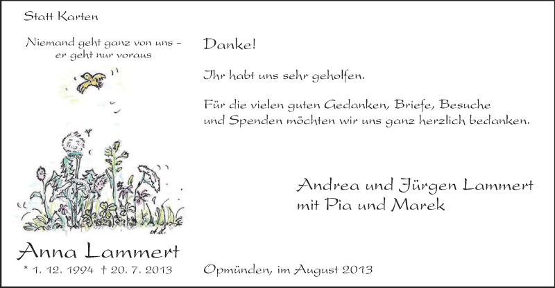 Traueranzeige für Anna Lammert vom 17.08.2013 aus MZV