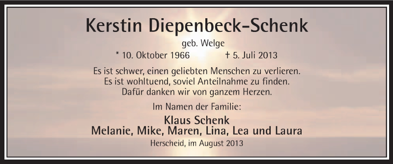  Traueranzeige für Kerstin Diepenbeck-Schenk vom 17.08.2013 aus MZV