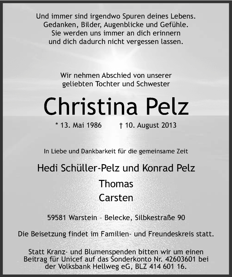  Traueranzeige für Christina Pelz vom 17.08.2013 aus MZV