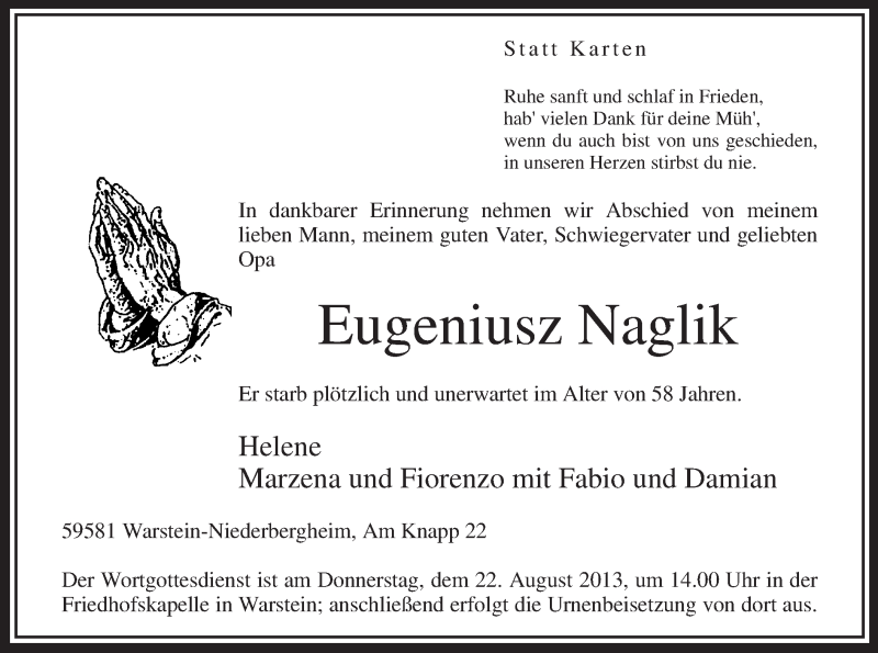 Traueranzeige für Eugeniusz Naglik vom 21.08.2013 aus MZV