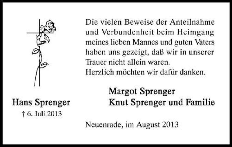  Traueranzeige für Hans Sprenger vom 21.08.2013 aus MZV