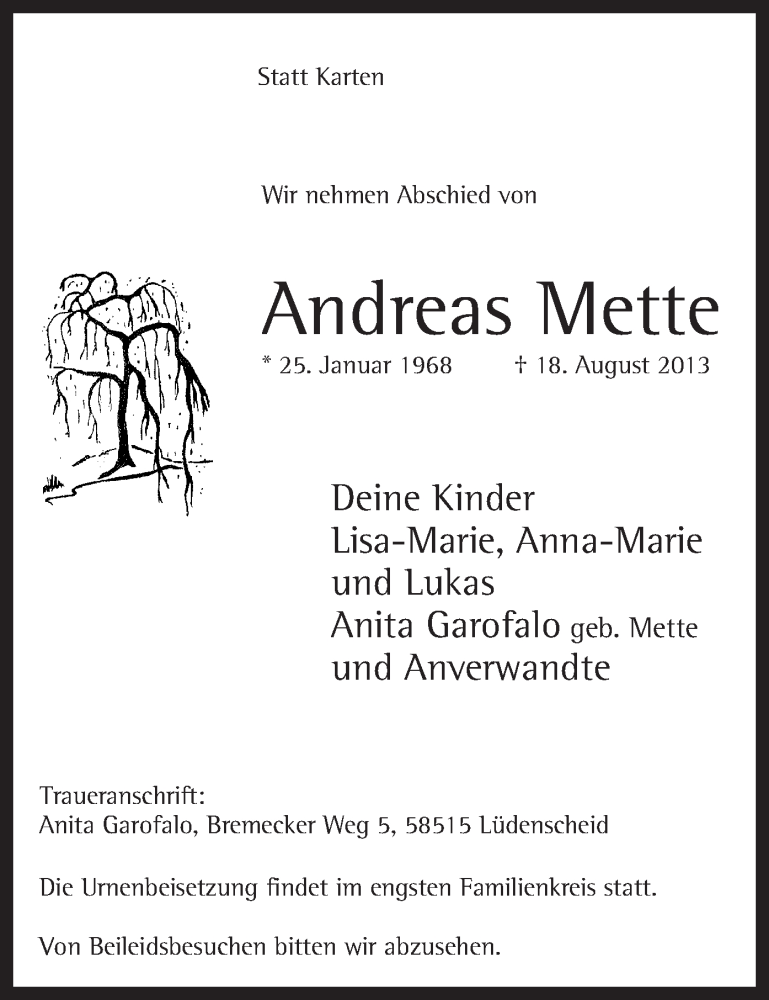  Traueranzeige für Andreas Mette vom 22.08.2013 aus MZV