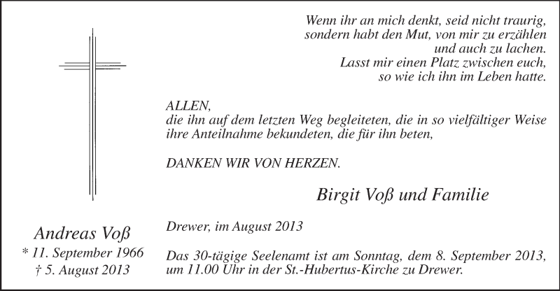  Traueranzeige für Andreas Voß vom 31.08.2013 aus MZV