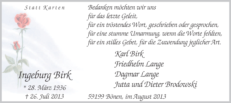  Traueranzeige für Ingeburg Birk vom 29.08.2013 aus MZV