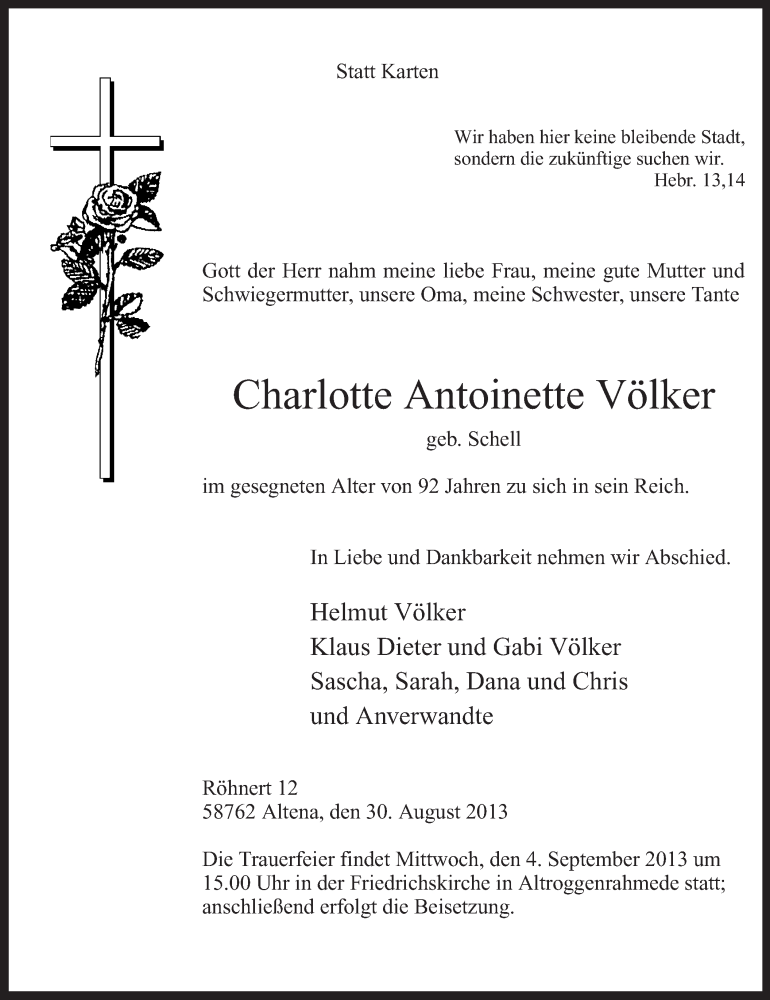  Traueranzeige für Charlotte Antoinette Völker vom 02.09.2013 aus MZV